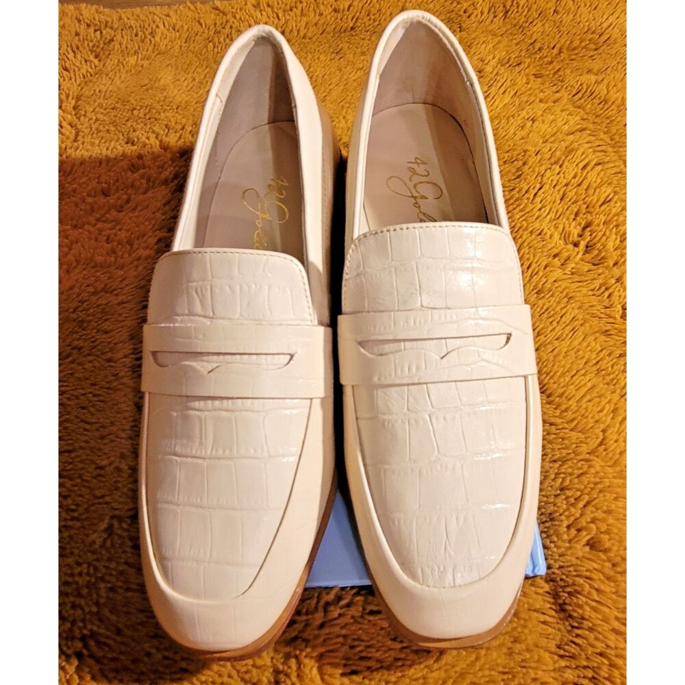 42 Gold Yasmeen Penny Loafers Croc Embossed Cream Leather Wood Heel Women 5 Shoe